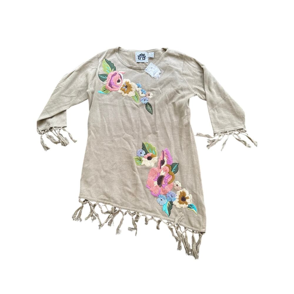 Beaded Embroidered Asymmetrical Floral Sweater NWT